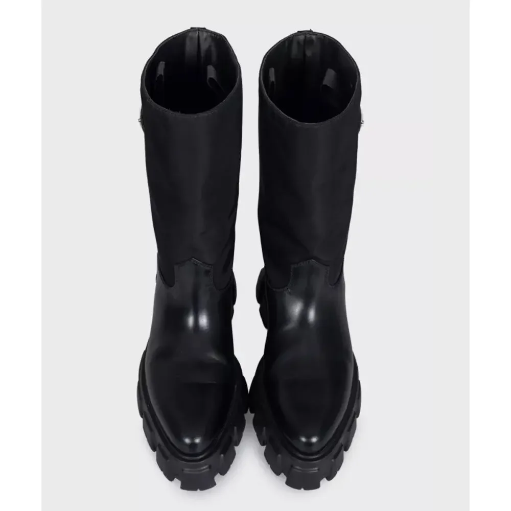 Prada Monolith Black Leather Boots with Silver-Tone Logo - EU 39